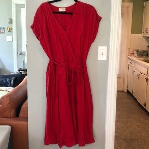 comfy red faux wrap Pocket Dress-Large
